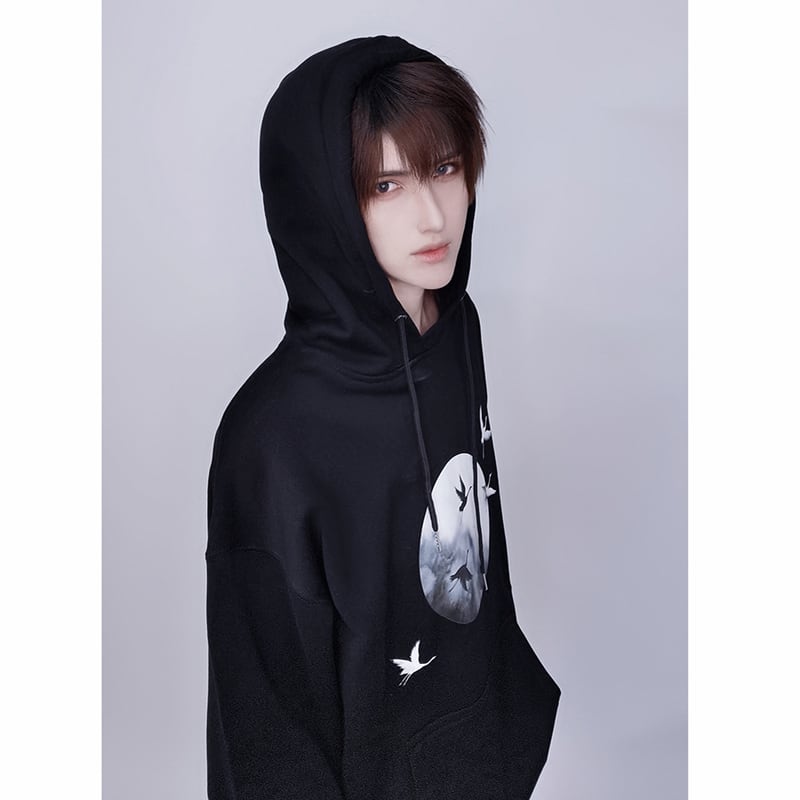 [Kuraho Koya Series] ★China style hoodie★ 2color black or white tops unisex crane with hat ML XL 2XL