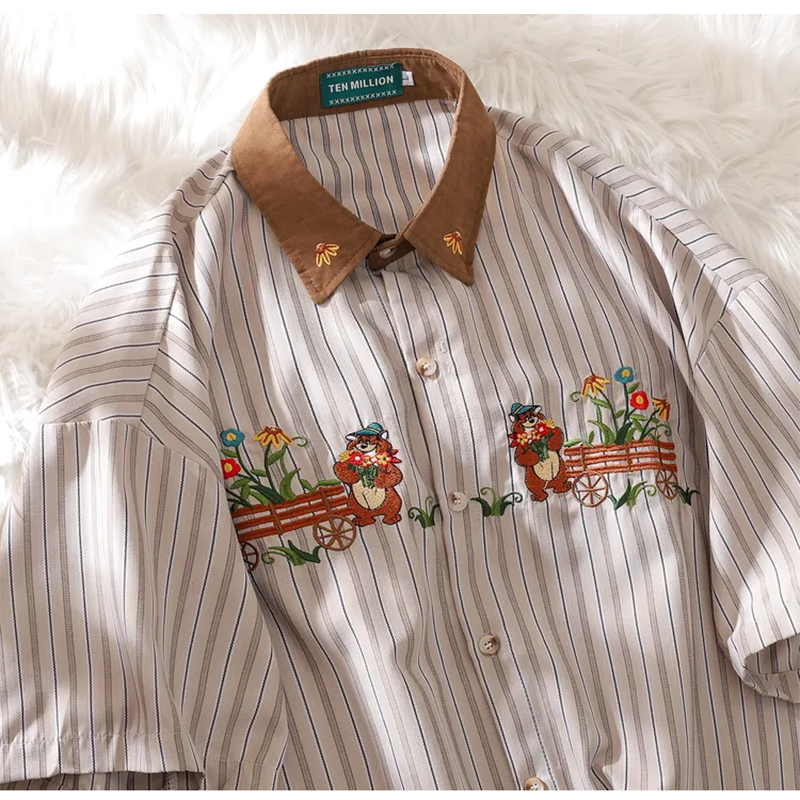 [Escaped Earth Series]★Shirt★ Tops Unisex Men's Embroidery Vertical Stripes Striped Pattern Color Scheme Bear Flower Retro Casual