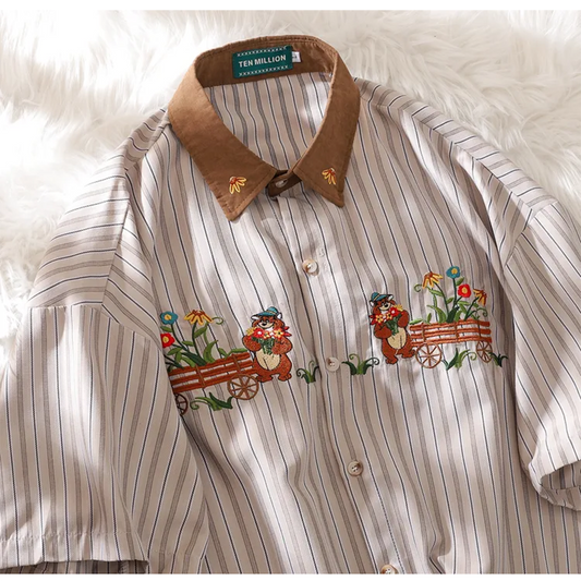 [Escaped Earth Series]★Shirt★ Tops Unisex Men's Embroidery Vertical Stripes Striped Pattern Color Scheme Bear Flower Retro Casual