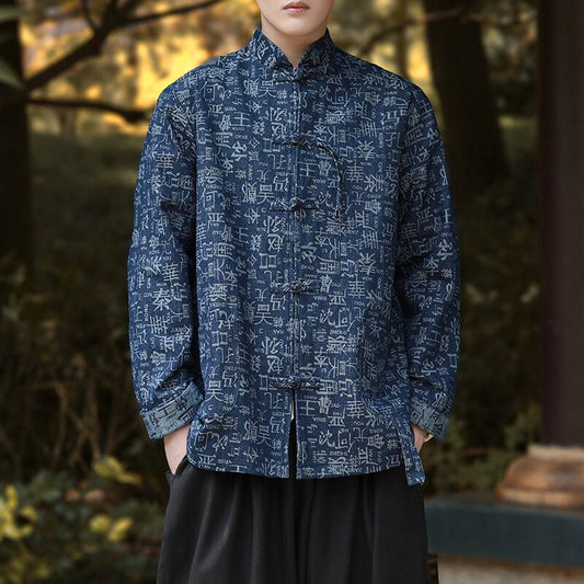 [JUNYI Series]★China style outerwear★ 2color shirt outerwear jacket tops denim shirt letter pattern kanji pattern unisex men's large size black blue