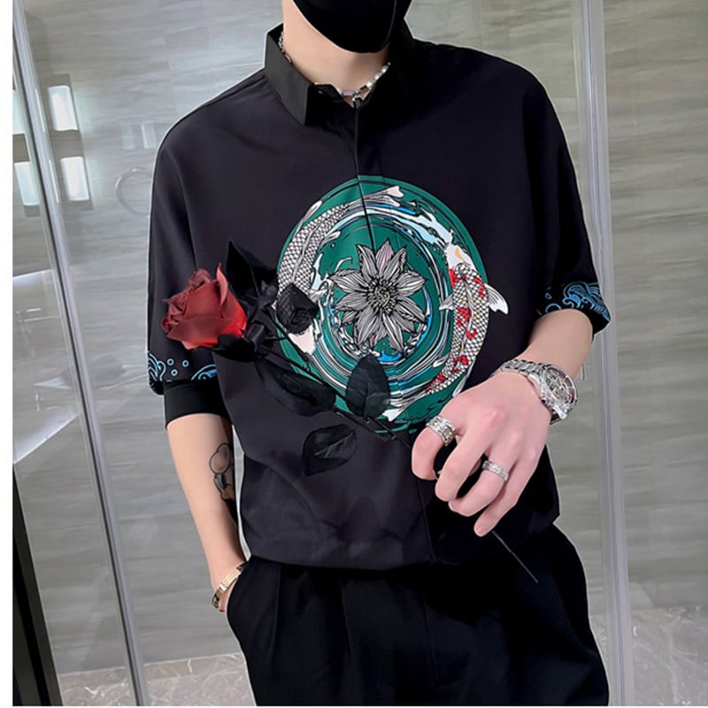 [HAOYUAN Series] ★China style shirt★ Ink pattern carp flower tops unisex men's white black