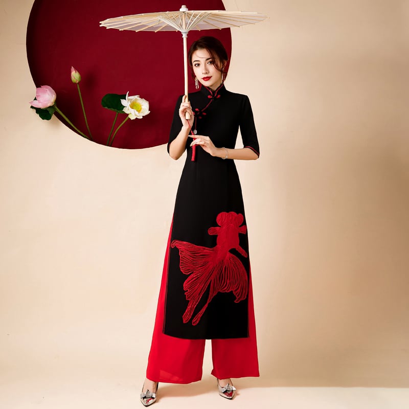 [Senbaushi Series] ★Cheongsam dress★ Chinese style piece + pants goldfish black red large size long length