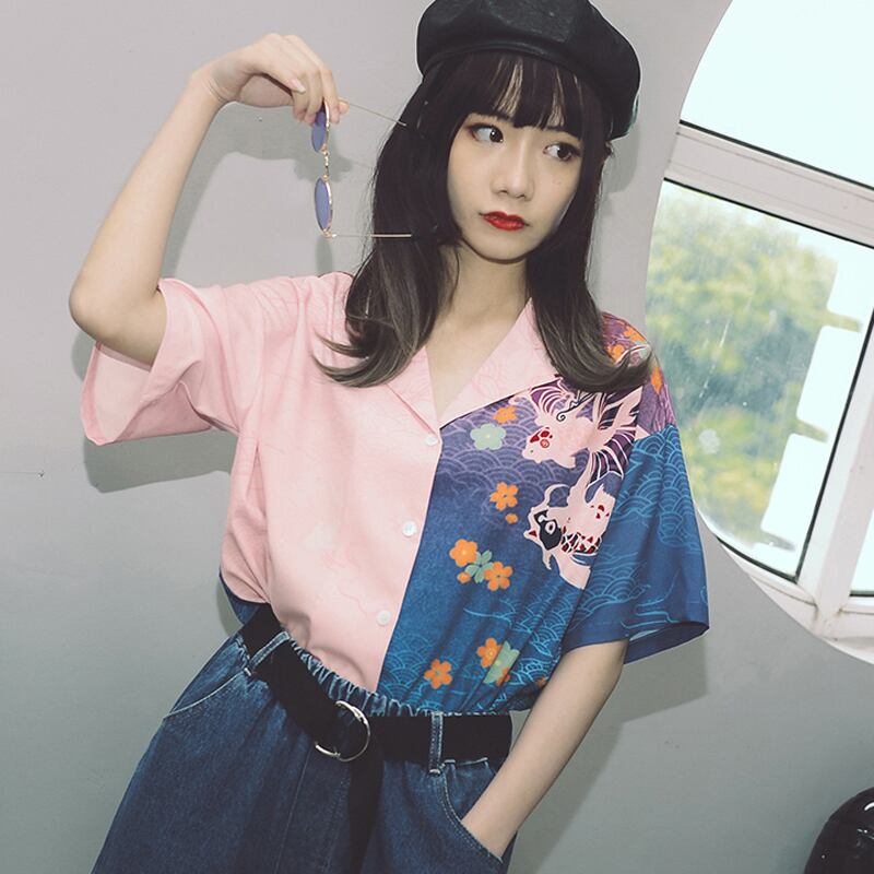 [Kokaisha---Bun Series] ★China style top★ Irregular V-neck short sleeve print Summer Easy to match Cute ML XL