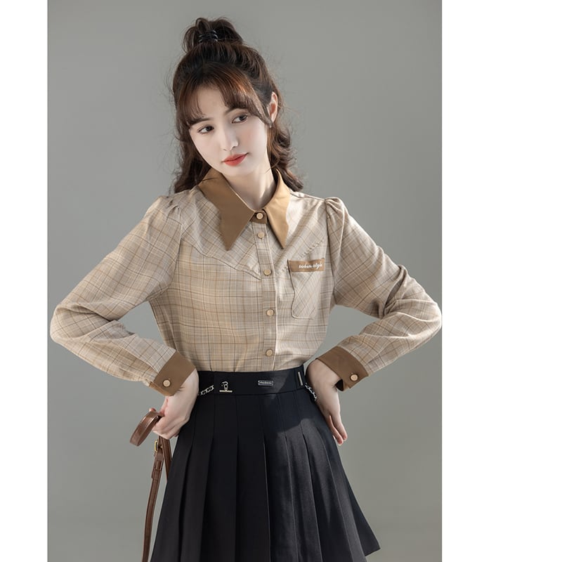 [GUIDUO Series]★Shirt★ Tops, long sleeve shirt, plaid pattern, women's, improves temperament, color scheme, easy to match, brown