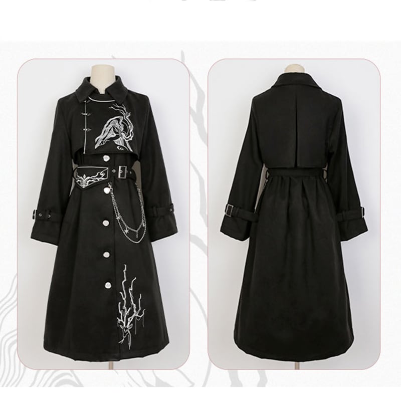 [Hanru First---Beisheng Series] ★China style coat★ Long outerwear with chain embroidery Black Black SML