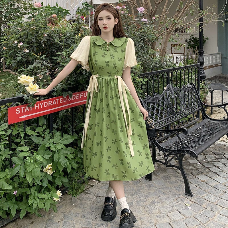 [Dong Xiaojie Series]★China style dress★Floral pattern dress Switchable Cute Large size Green Green