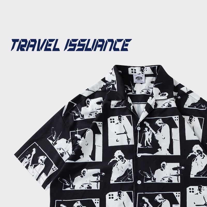 【TRAVEL ISSUANCEシリーズ】★レトロ シャツ★ 4color 落書き プリント 男女兼用 メンズ レッド グリーン ホワイト ブラック