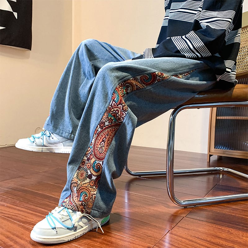 [High Series]★Casual Pants★ 2color Pants Bottoms Denim Pants Switching Print Floral Pattern Large Size