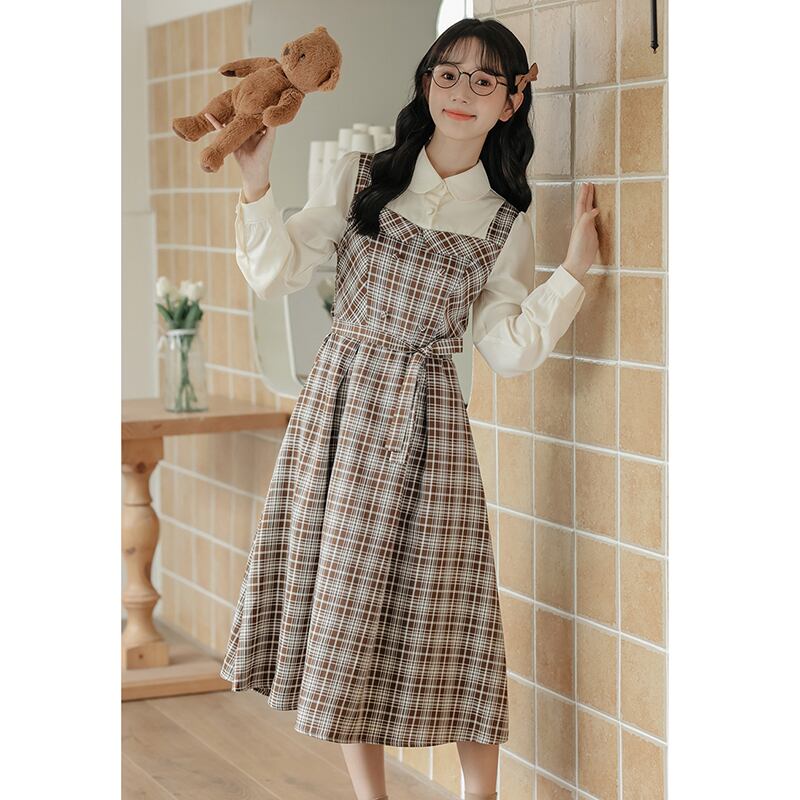 [MEIYI Series] ★One Piece★ Women's Plaid Fake Layered Commuting Date Cute