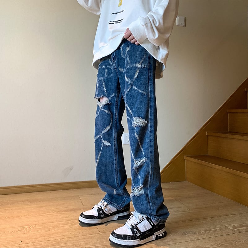 [DUFENG Series]★Denim Pants★ Bottoms Pants Unisex Men's Large Size Distressed Blue Blue