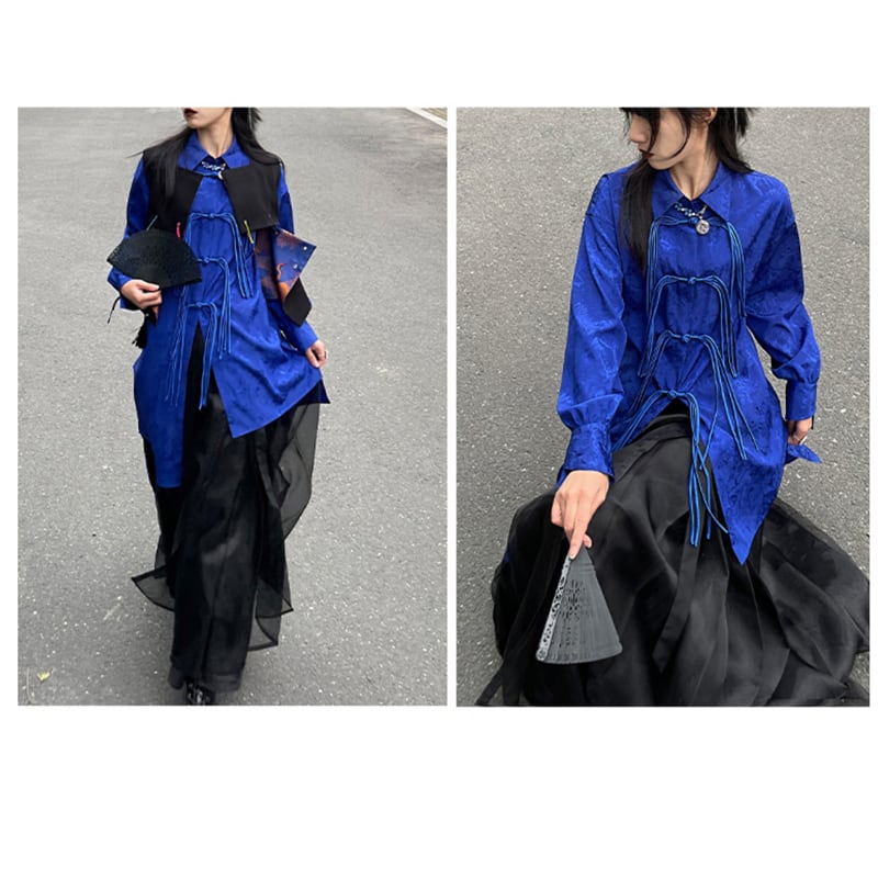 [Unmankana series] ★China style shirt★ 2color long sleeve or short sleeve long shirt original black blue