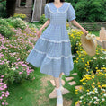 Load image into Gallery viewer, [Dong Xiaojie Series] ★Checked pattern dress★ Large size, commuting to school, commuting, slimming, cute, blue, summer clothes, short sleeves
