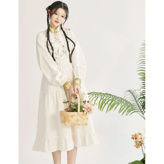 [Three---Kinsui Series]★China style dress★2color embroidery long sleeve dress everyday wear cute black white