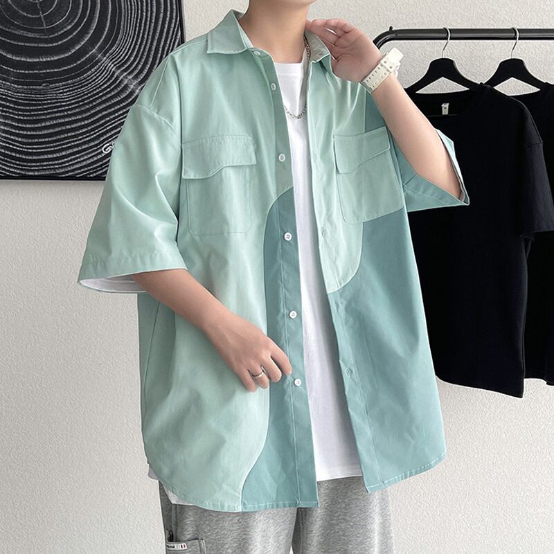 [BIGEMAN Series]★Shirt★ Tops 2color Unisex Men's Large Size Color Scheme Short Sleeve Shirt White Green