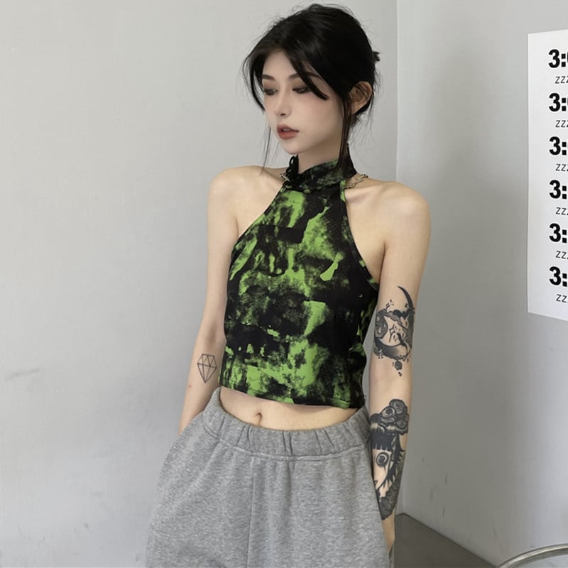 [Style Series] ★China style tops★ Camisole Tank Top Tie-dyed Easy to match Slimming Green Green