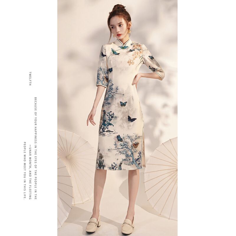 [Bacho Senko Series] ★Cheongsam dress★ Dress, long length, butterfly, elegant, large size, slim