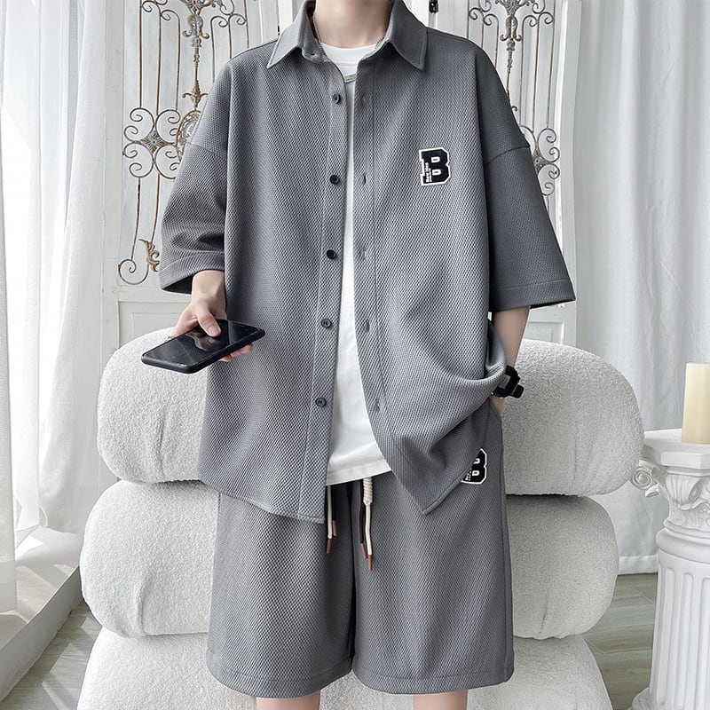 [BIGEMAN Series]★Setup★ Shirt + Shorts 2color Top and Bottom Set Unisex Men's Large Size Gray Black