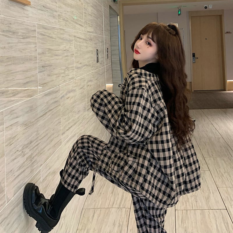 [Myojo Girl Series] ★China style setup★ 2-piece set Chinese clothes, improved Tang clothes, plaid pattern, thick autumn clothes, winter clothes ML XL 2XL