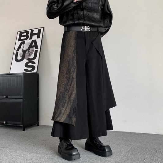 [Illustrated series]★China style trousers★ Gaucho pants, irregular, unisex, men's, nine-quarter length, black, black switching