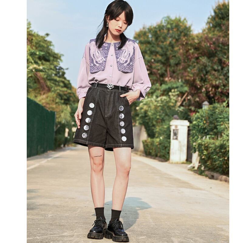 [Kokaisha---Moon phase series]★Denim pants★Shorts bottoms Black, black, retro, easy to match, slimming