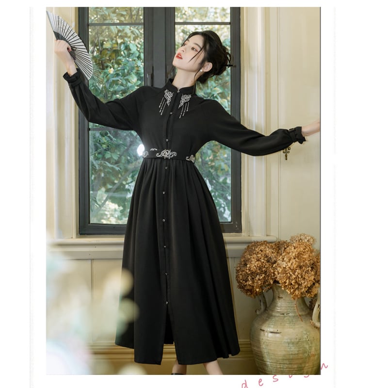 [Treasure Island Series]★Chinese style dress★ Long length Hanfu dress Chinese style Black Black