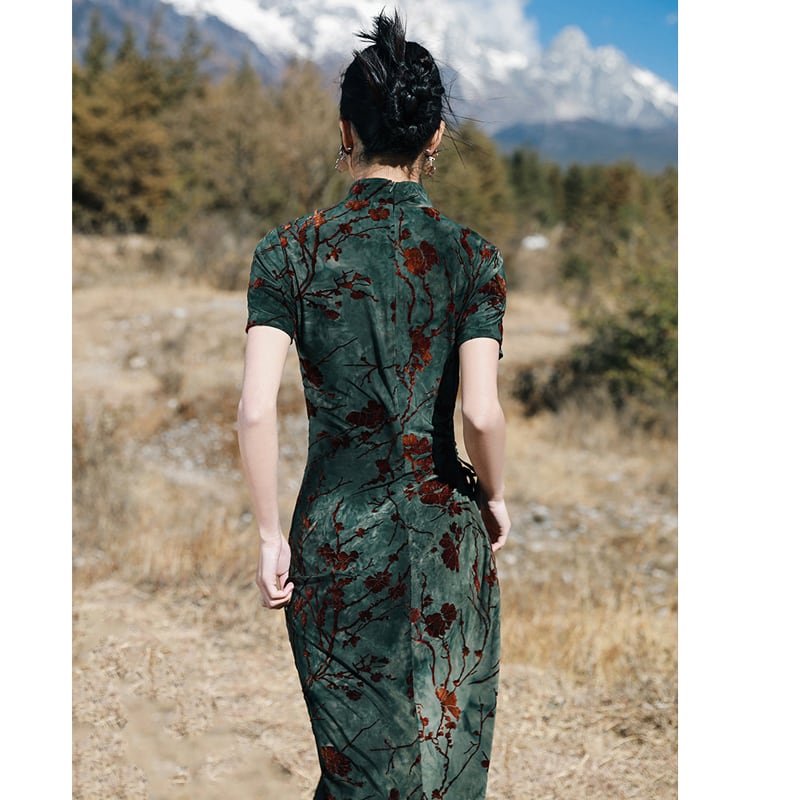 [Da Qinglong Shu Series]★China style dress★ Improved Chinese dress Sexy Velvet Long Length Original Photography Green Green Summer