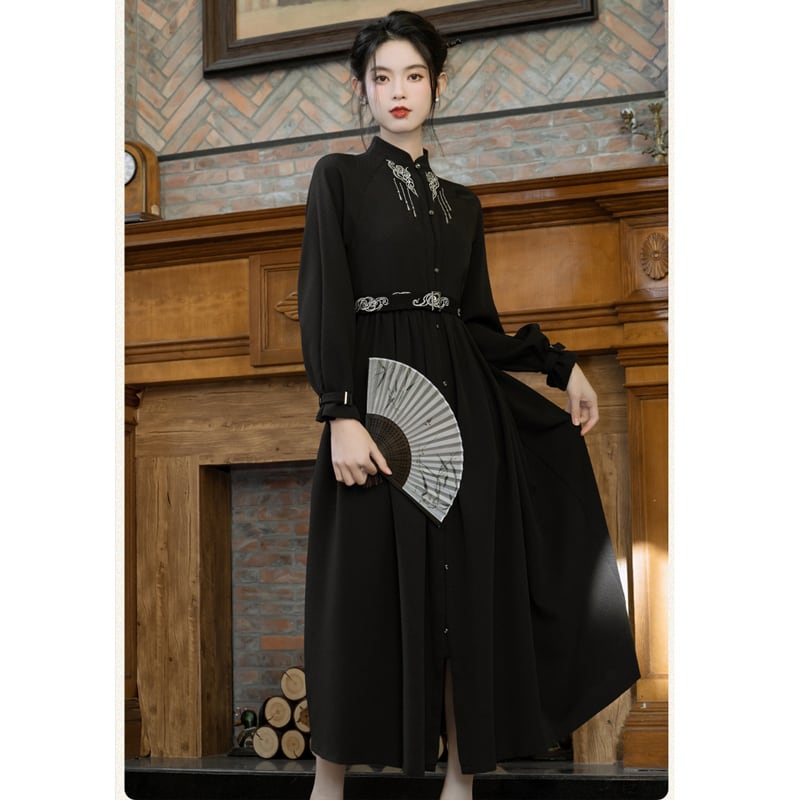 [Treasure Island Series]★Chinese style dress★ Long length Hanfu dress Chinese style Black Black