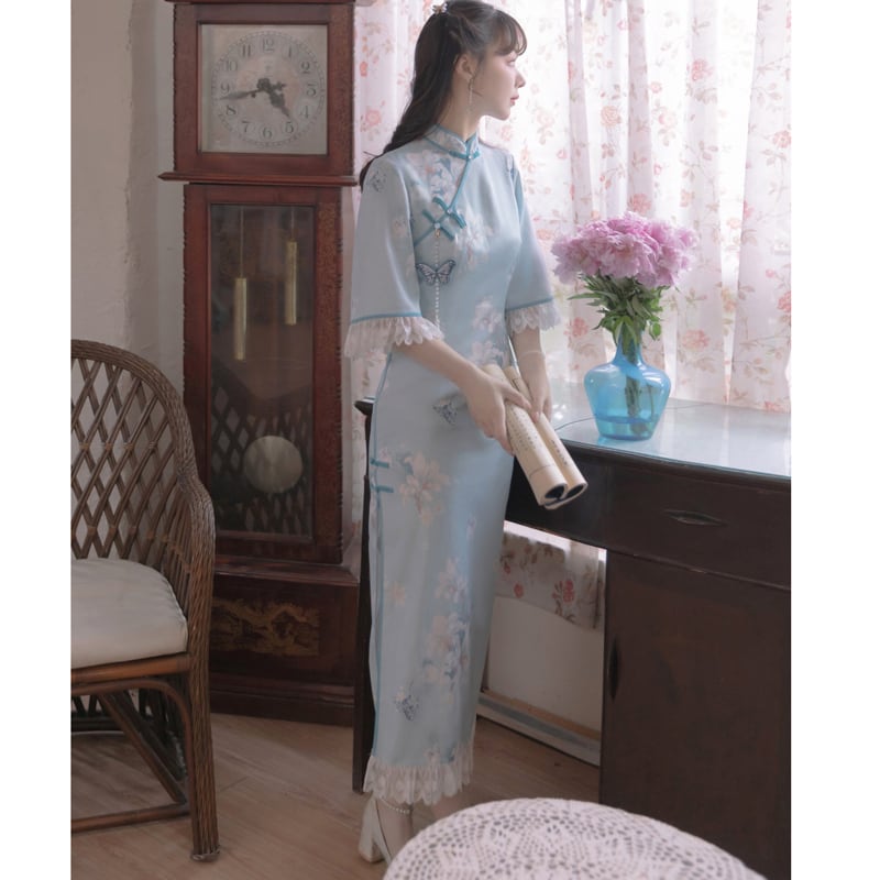 [Dust Smoke Cloud Dream --- Unlan Jade Nishiki Series]★China-style dress★Cheongsam dress, Chinese clothes, short sleeves, long length, butterfly ornament included