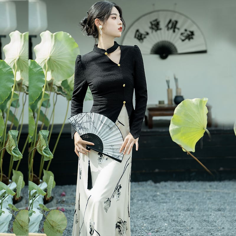 [Ink Year Flower Series] ★Chinese style setup★ 2-piece set Ink pattern, slimming, Chinese clothes, date, SML, commuting, photography