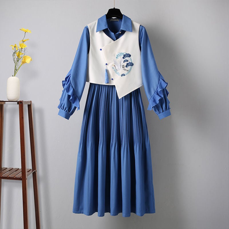 [Shigai Tadoneko Series] ★Chinese style setup★ One piece + vest 2-piece set embroidery crane blue blue