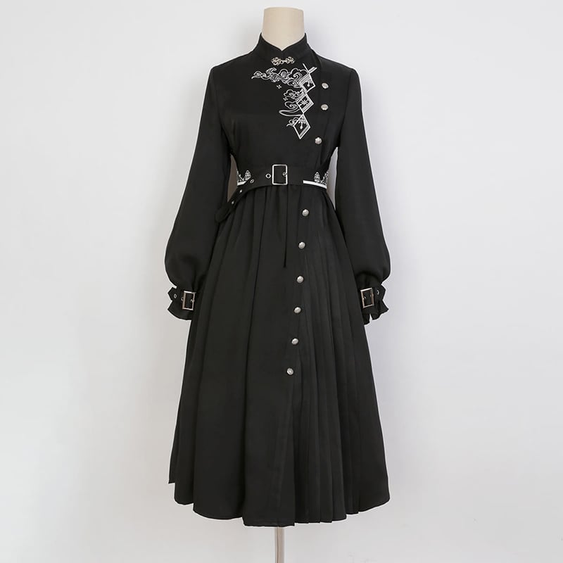 [Dust smoke and cloud dream series] ★China style dress★ With belt, long sleeves, embroidery, black, black SML, slimming, Chinese elements