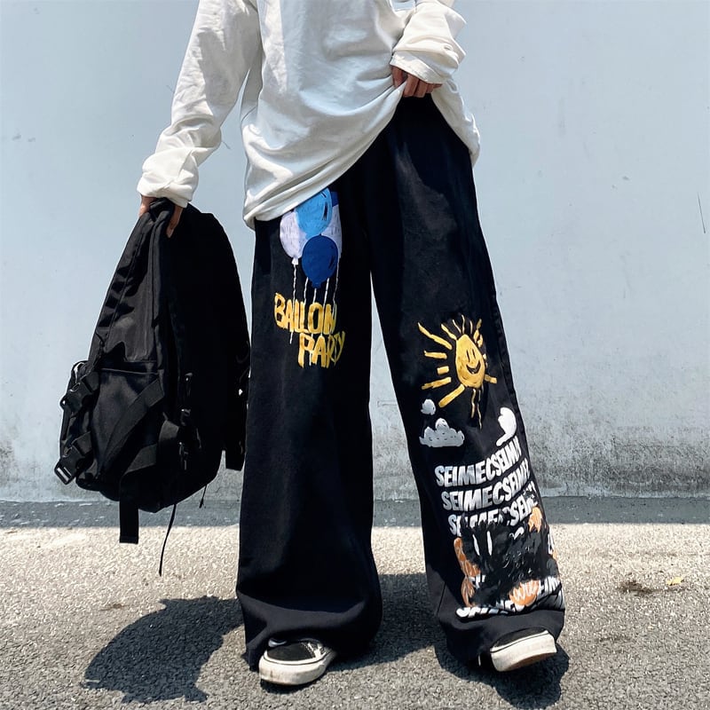 [ulzzang series]★Pants★ Wide pants denim pants black men's sun balloon graffiti cool bright