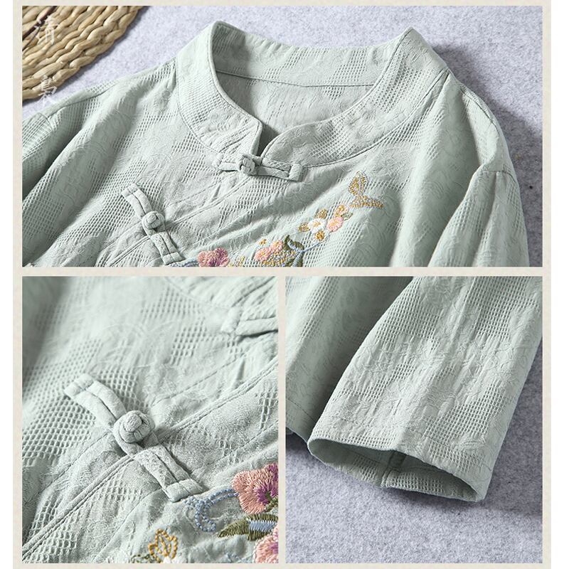 【清シリーズ】★チャイナ風トップス★ 4color 刺繍トップス 着痩せ 中華服 ホワイト 青緑色 パープル ピンク