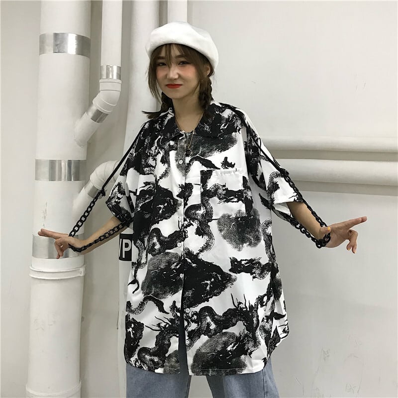 [Miyakoya Series]★China style shirt★ Short sleeve, dragon crest, floral pattern, unisex, ML, summer, cool, couple clothes, everyday wear