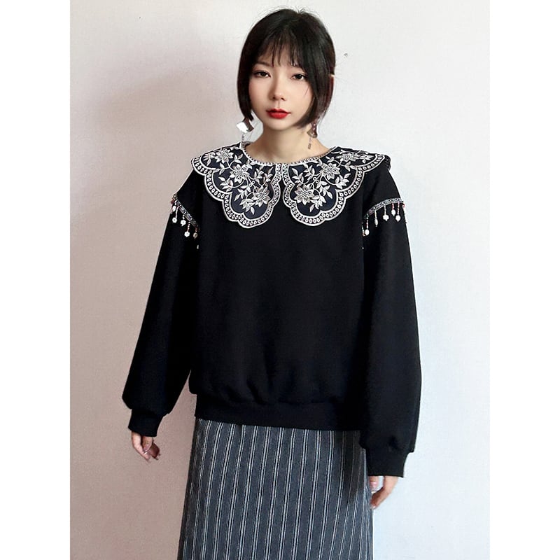 [True Fish Series]★China style top★ Embroidered fringe ladies long sleeve cute collar large size black