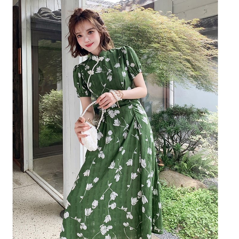 [Weice series] ★China style dress★ Improved cheongsam dress Floral pattern dress Slimming green Green