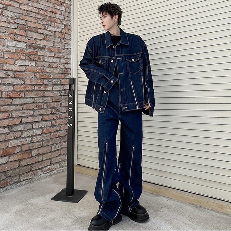 [Illustrated series]★Setup★ Jacket + pants 2-piece set Unisex Men's Denim Cool Blue Blue