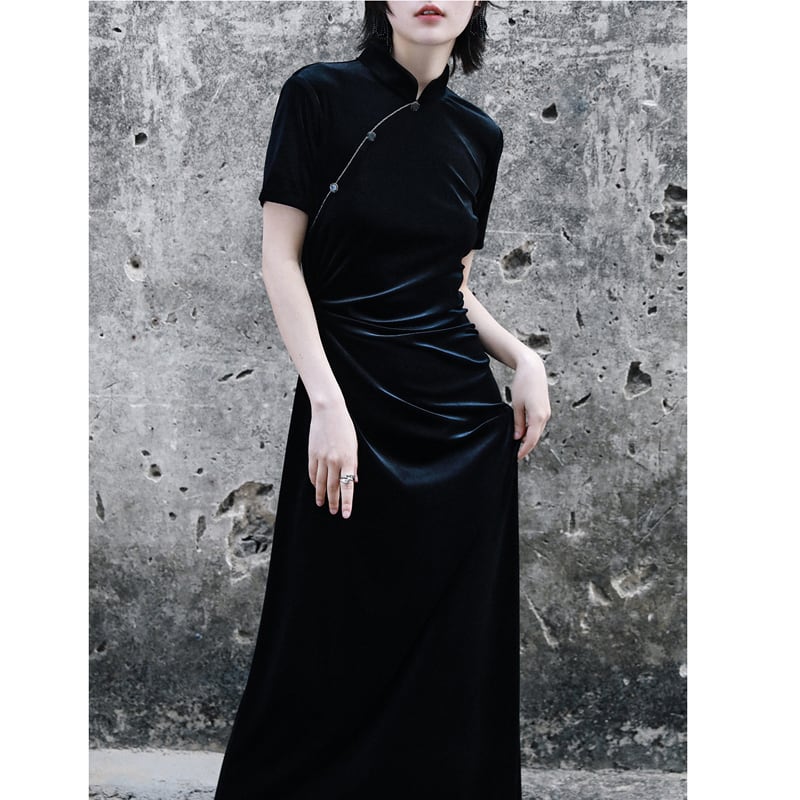 [Da Qinglong Shu Series] ★Cheongsam Dress★ Sexy One Piece Velvet Long Length Black Black Simple