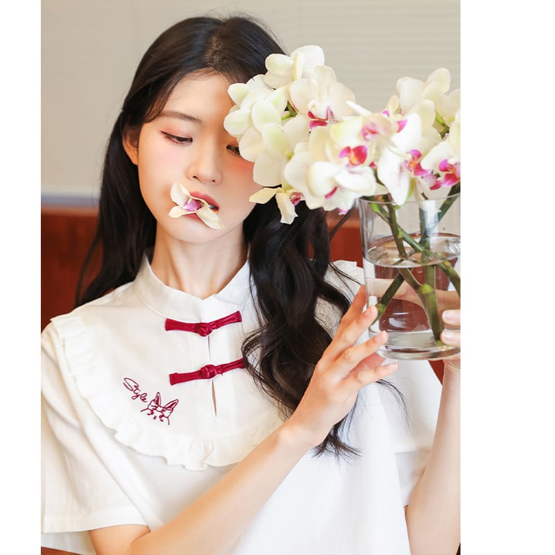 [MIANKAQI Series]★China style shirt★ Tops Chinese button summer clothes short sleeve shirt cute white white