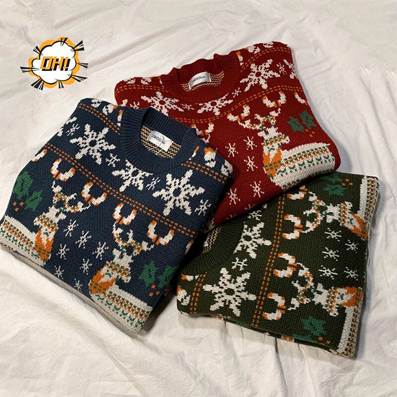 [PPG Series]★Sweater★ 3color Christmas New Year Red Green Blue Deer Pattern Autumn/Winter Wear Men's Couple Clothes Unisex