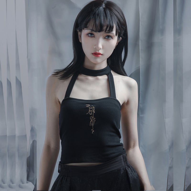 [Kyodo Series]★China style camisole★ Sexy embroidered knit tops Black Black SML Easy to match